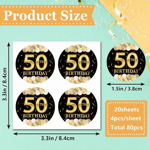 80 قطعة من ملصقات حفلات عيد الميلاد الخمسين - ملصقات عيد الميلاد الخمسين من الذهب الأسود - ملصقات لاصقة مستديرة مقاس 1.5 بوصة - لوازم زينة الذكرى السنوية - رائعة لمفضلات الحفلات، وأختام الأظرف، وحقائب الهدايا الجيدة in Kuwait