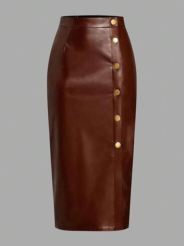 Women's Caramel Brown Faux Leather Button-Down Bodycon Midi Skirt - High Waist Office Pencil Skirt in Saudi Arabia