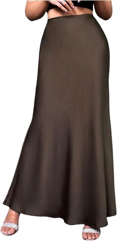 OYOANGLE Women's Satin Silky Ruffle Bodycon Skirt High Waist Elegant Fishtail Flared Long Skirts in Saudi Arabia