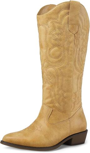 mysoft Women's Cowboy Boots Mid Calf Cowgirl Boots Embroidered Western Pointed Toe Chunky Heel Pull On Knee High Boots in Kuwait