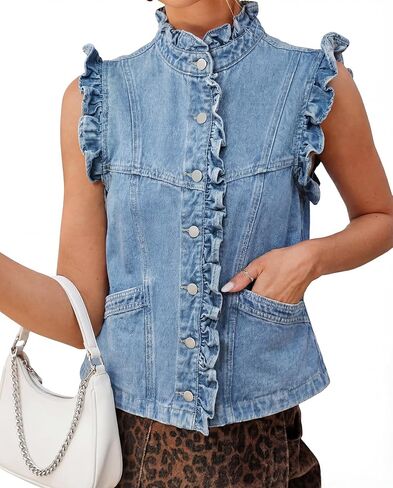 Women's Ruffled Sleeveless Denim Vest Summer Causal Button Down Jean Vest Top Sleeveless Jacket in Saudi Arabia
