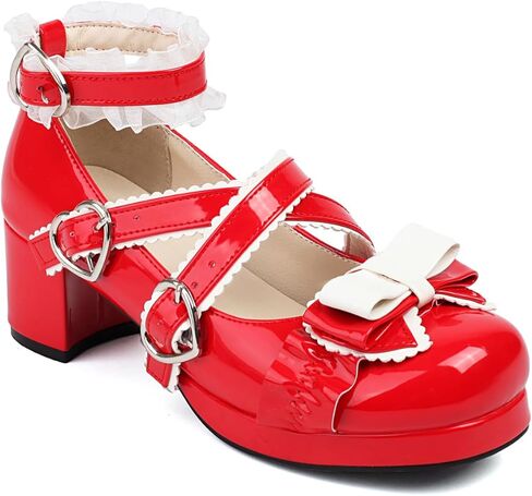 Kawaii ماري جين مضخات للنساء لوليتا تأثيري لطيف جولة اصبع القدم القوس الصليب حزام الكاحل الدانتيل مشبك منصة منتصف كتلة كعب أحذية الزفاف الطرف in Kuwait