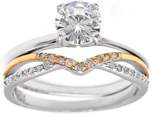Chiara Wedding Ring Set for Women by Ginger Lyne | Solitaire Engagement Ring with Two Tone White and Gold over Sterling Silver Anniversary Ring for Her | Cubic Zirconia Bridal Jewelry for Her in Saudi Arabia