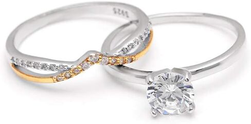 Chiara Wedding Ring Set for Women by Ginger Lyne | Solitaire Engagement Ring with Two Tone White and Gold over Sterling Silver Anniversary Ring for Her | Cubic Zirconia Bridal Jewelry for Her in Saudi Arabia