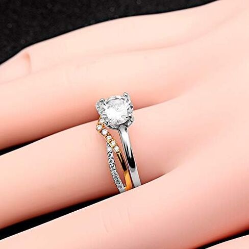 Chiara Wedding Ring Set for Women by Ginger Lyne | Solitaire Engagement Ring with Two Tone White and Gold over Sterling Silver Anniversary Ring for Her | Cubic Zirconia Bridal Jewelry for Her in Saudi Arabia