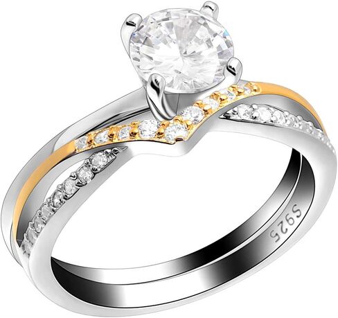 Chiara Wedding Ring Set for Women by Ginger Lyne | Solitaire Engagement Ring with Two Tone White and Gold over Sterling Silver Anniversary Ring for Her | Cubic Zirconia Bridal Jewelry for Her in Saudi Arabia