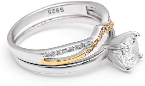 Chiara Wedding Ring Set for Women by Ginger Lyne | Solitaire Engagement Ring with Two Tone White and Gold over Sterling Silver Anniversary Ring for Her | Cubic Zirconia Bridal Jewelry for Her in Saudi Arabia