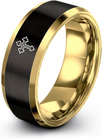 Gift for Nautical Faith Fan - Mariner Cross Ring - 8mm - Anniversary Wedding - Men Women - Band - Yellow Gold Black Silver Blue - Flat Dome Bevel - Personalized Custom Engraving - Tungsten - Brushed P in Kuwait