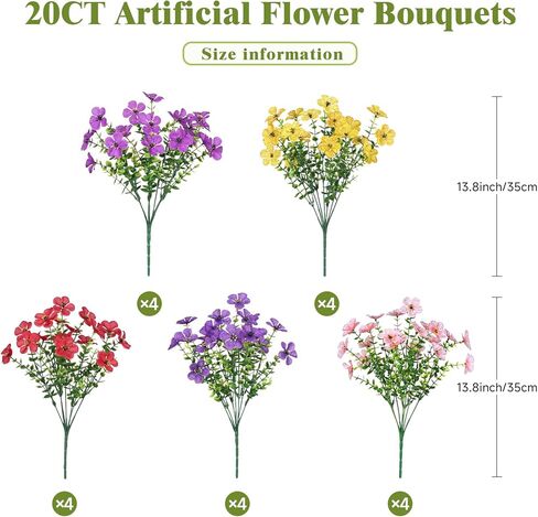 Alupssuc 20 Bundles Artificial Flowers for Outdoor Indoor Decoration, UV Resistant No Fade Fake Plants Eucalyptus, Colorful Faux Spring Flowers for Outside Yard Porch Patio Garden Home Window Box in Kuwait