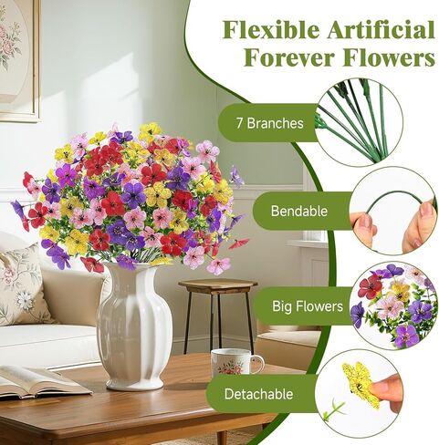 Alupssuc 20 Bundles Artificial Flowers for Outdoor Indoor Decoration, UV Resistant No Fade Fake Plants Eucalyptus, Colorful Faux Spring Flowers for Outside Yard Porch Patio Garden Home Window Box in Kuwait