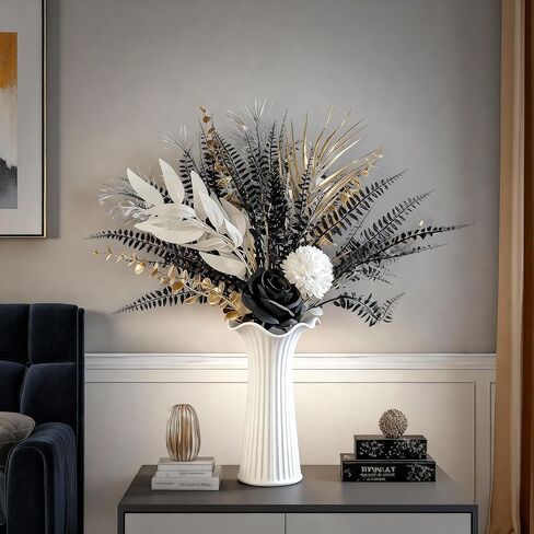 باقة زهور صناعية قوطية، ورود سوداء مقاس 17 بوصة مع أوراق سرخس معدنية ذهبية، 13 قطعة من تنسيقات الزهور الصناعية، قطع مركزية لحفلات الزفاف في الكنيسة، ديكور منزلي، الهالوين (المزهرية غير متضمنة) in Kuwait