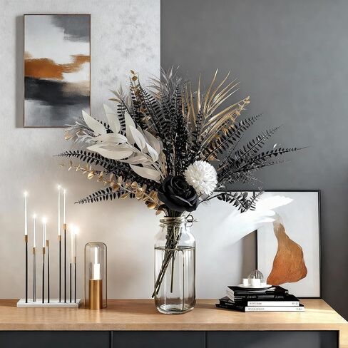 باقة زهور صناعية قوطية، ورود سوداء مقاس 17 بوصة مع أوراق سرخس معدنية ذهبية، 13 قطعة من تنسيقات الزهور الصناعية، قطع مركزية لحفلات الزفاف في الكنيسة، ديكور منزلي، الهالوين (المزهرية غير متضمنة) in Kuwait