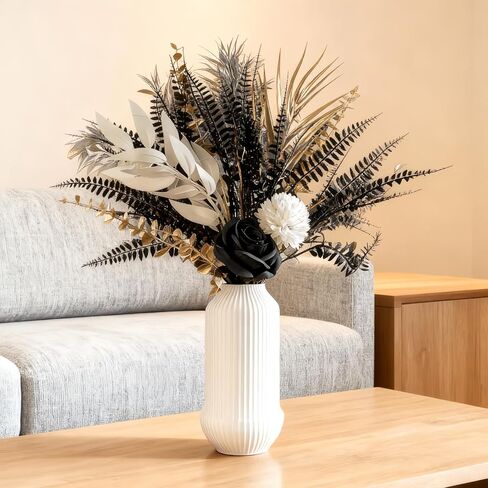 باقة زهور صناعية قوطية، ورود سوداء مقاس 17 بوصة مع أوراق سرخس معدنية ذهبية، 13 قطعة من تنسيقات الزهور الصناعية، قطع مركزية لحفلات الزفاف في الكنيسة، ديكور منزلي، الهالوين (المزهرية غير متضمنة) in Kuwait