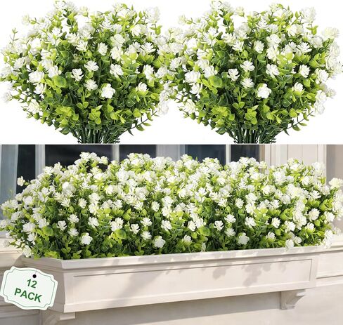 FGSAEOR 12 Bundles Artificial Flowers for Outdoor Indoor, Faux Flower Daisy with Eucalyptus Leaves Fake Plants Greenery, Garden Home Decor for Boxwood Porch Patio in Saudi Arabia