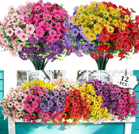 FGSAEOR 12 Bundles Artificial Flowers for Outdoor Indoor, Faux Flower Daisy with Eucalyptus Leaves Fake Plants Greenery, Garden Home Decor for Boxwood Porch Patio in Saudi Arabia