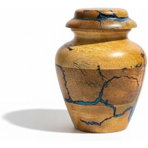 جرة حرق تذكارية خشبية للرماد البشري - جرة تذكارية صغيرة من خشب المانجو مقاس 20 بوصة مكعبة مع ترصيع من الراتنج الأزرق - جرة تذكارية مزخرفة مصنوعة يدويًا للرجال والنساء in Kuwait