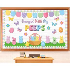 Easter Bulletin Board Set Easter Peeps Classroom Decoration Pastel Spring Eggs Bunny Grass Lawn Hangin' with My Peeps Cutouts for School Home Nursery Chalkboard Wall Door Decor Spring Party Supplies in Kuwait