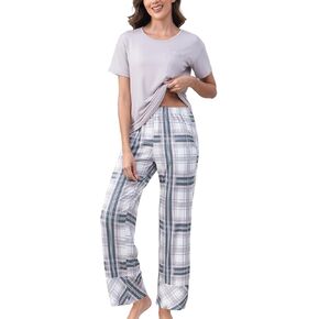 PNAEONG Womens Pajama Sets Comfy Pj Sets Short Sleeve Crew Neck Top and Plaid Long Pants Loungewear Sleepwear in Kuwait