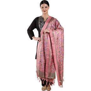 Exotic India Shawl Wraps Dupatta for Women Banglori Satin Birds And Leaf Printed Dupatta with Tassels in Kuwait
