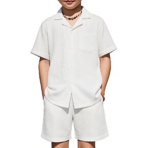 Arshiner Boys' 2-Piece Ribbed Textured Outfits Short Sleeve Cuban Collar Shirt & Shorts Set Summer Beach Clothes 4-12 Years in Kuwait