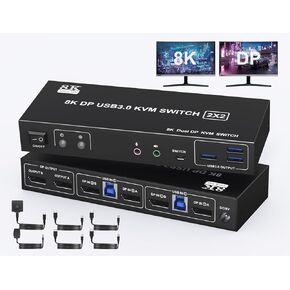 Displayport KVM Switch 2 Monitors 2 Computers with Audio Jack - 8k@60HZ 4K@144Hz Dual Monitor Kvm Switch with 3 USB 3.0 Port Sharing Keyboard Mouse, Included Wired Remote 2 Cables Displayport Switch in Kuwait