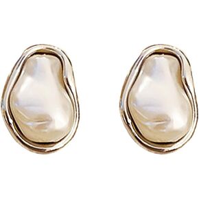 Baroque Pearl Stud Earrings for Women, Big Gold Statement Earrings with Irregular Pearls Vintage Wedding Jewelry in Kuwait