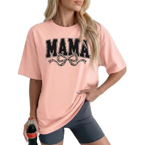 قمصان ماما للنساء كبيرة الحجم مطبوع عليها حروف وأكمام قصيرة ورسومات جرافيك، تي شيرت علوي برقبة دائرية ومطبوع بفيونكة لطيفة وفضفاضة وعصرية للأم in Kuwait
