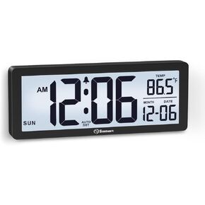 Soobest 8.5 Inch Digital Wall Clock Battery Operated with Backlight, Temperature, Date, Day & Auto DST, Black Slim Design for Elderly, Bedroom, Living Room, Office in Kuwait