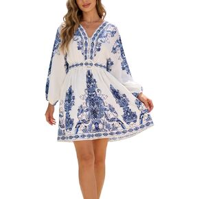 Women Boho Dresses Lantern Sleeve White Mini Dress with Belt V Neck Floral Print A-Line High Waist Graduation Dress in Saudi Arabia