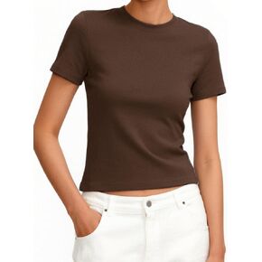 تي شيرت نسائي من مزيج القطن من Prettywear برقبة دائرية وأكمام قصيرة أساسية، تي شيرت صيفي عصري لطيف in Kuwait