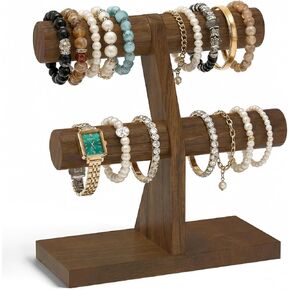 Esluker.ly حامل سوار عرض منظم حامل خشبي، رف تخزين سوار T Bar لبائعي الأعمال المنزلية، سعة كبيرة 2 برج شجرة المجوهرات للساعات، بدون فوضى، بني in Kuwait