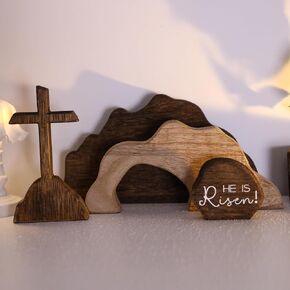 Empty Tomb Easter Scene and Cross Decorations, Wooden He Is Risen Easter Resurrection Nativity Scene Cross Jesus Tiered Tray for Christian Religious Home Table Mantel Shelf Office Farmhouse in Kuwait