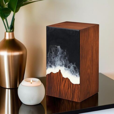 Handcrafted Wooden Cremation Urn with Ocean Epoxy Resin Design – Unique Funeral Urn for Human Ashes – Memorial Ashes Box (Beechwood Blue, (Large - 11.25" Hx6.25 W (250 Cu/in)) in Saudi Arabia
