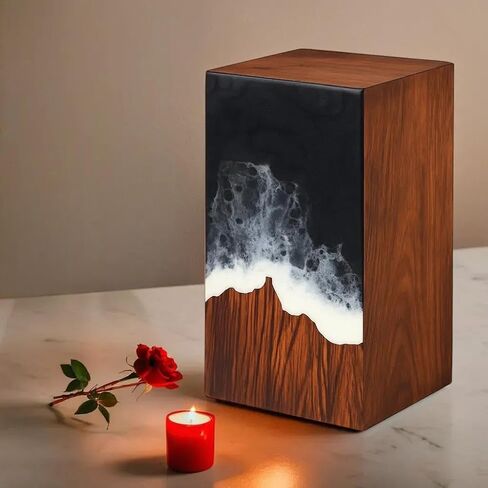 Handcrafted Wooden Cremation Urn with Ocean Epoxy Resin Design – Unique Funeral Urn for Human Ashes – Memorial Ashes Box (Beechwood Blue, (Large - 11.25" Hx6.25 W (250 Cu/in)) in Saudi Arabia