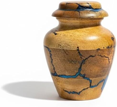 جرة حرق تذكارية خشبية للرماد البشري - جرة تذكارية صغيرة من خشب المانجو مقاس 20 بوصة مكعبة مع ترصيع من الراتنج الأزرق - جرة تذكارية مزخرفة مصنوعة يدويًا للرجال والنساء in Kuwait