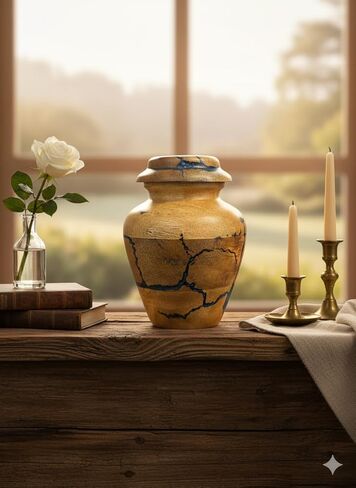 جرة حرق تذكارية خشبية للرماد البشري - جرة تذكارية صغيرة من خشب المانجو مقاس 20 بوصة مكعبة مع ترصيع من الراتنج الأزرق - جرة تذكارية مزخرفة مصنوعة يدويًا للرجال والنساء in Kuwait