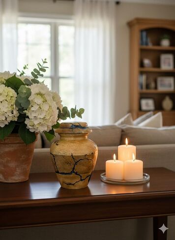 جرة حرق تذكارية خشبية للرماد البشري - جرة تذكارية صغيرة من خشب المانجو مقاس 20 بوصة مكعبة مع ترصيع من الراتنج الأزرق - جرة تذكارية مزخرفة مصنوعة يدويًا للرجال والنساء in Kuwait