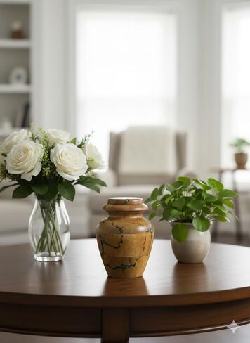 جرة حرق تذكارية خشبية للرماد البشري - جرة تذكارية صغيرة من خشب المانجو مقاس 20 بوصة مكعبة مع ترصيع من الراتنج الأزرق - جرة تذكارية مزخرفة مصنوعة يدويًا للرجال والنساء in Kuwait