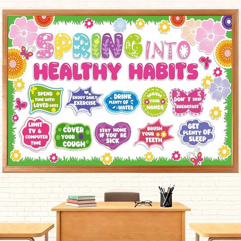 76 قطعة من ديكورات لوحة الإعلانات الربيعية، مجموعة ديكورات لوحة الإعلانات الصحية الربيعية، ديكورات ربيعية ملونة للمكاتب والفصول الدراسية المنزلية، ديكورات لوحة إعلانات العادات الصحية in Kuwait