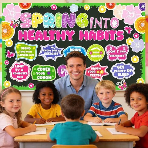 76 قطعة من ديكورات لوحة الإعلانات الربيعية، مجموعة ديكورات لوحة الإعلانات الصحية الربيعية، ديكورات ربيعية ملونة للمكاتب والفصول الدراسية المنزلية، ديكورات لوحة إعلانات العادات الصحية in Kuwait