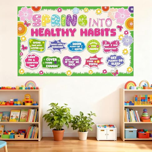 76 قطعة من ديكورات لوحة الإعلانات الربيعية، مجموعة ديكورات لوحة الإعلانات الصحية الربيعية، ديكورات ربيعية ملونة للمكاتب والفصول الدراسية المنزلية، ديكورات لوحة إعلانات العادات الصحية in Kuwait
