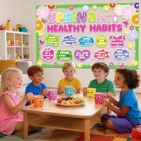 76 قطعة من ديكورات لوحة الإعلانات الربيعية، مجموعة ديكورات لوحة الإعلانات الصحية الربيعية، ديكورات ربيعية ملونة للمكاتب والفصول الدراسية المنزلية، ديكورات لوحة إعلانات العادات الصحية in Kuwait