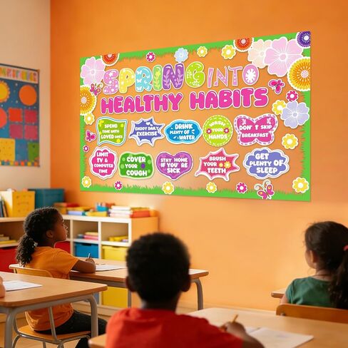 76 قطعة من ديكورات لوحة الإعلانات الربيعية، مجموعة ديكورات لوحة الإعلانات الصحية الربيعية، ديكورات ربيعية ملونة للمكاتب والفصول الدراسية المنزلية، ديكورات لوحة إعلانات العادات الصحية in Kuwait