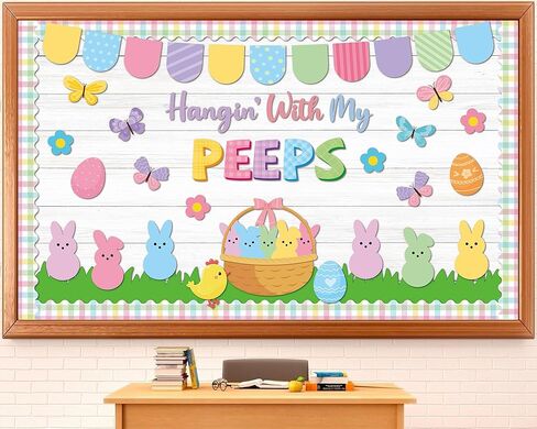 Easter Bulletin Board Set Easter Peeps Classroom Decoration Pastel Spring Eggs Bunny Grass Lawn Hangin' with My Peeps Cutouts for School Home Nursery Chalkboard Wall Door Decor Spring Party Supplies in Kuwait