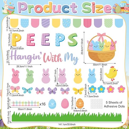 Easter Bulletin Board Set Easter Peeps Classroom Decoration Pastel Spring Eggs Bunny Grass Lawn Hangin' with My Peeps Cutouts for School Home Nursery Chalkboard Wall Door Decor Spring Party Supplies in Kuwait