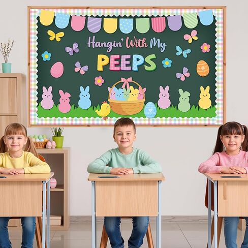 Easter Bulletin Board Set Easter Peeps Classroom Decoration Pastel Spring Eggs Bunny Grass Lawn Hangin' with My Peeps Cutouts for School Home Nursery Chalkboard Wall Door Decor Spring Party Supplies in Kuwait