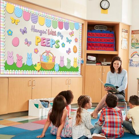 Easter Bulletin Board Set Easter Peeps Classroom Decoration Pastel Spring Eggs Bunny Grass Lawn Hangin' with My Peeps Cutouts for School Home Nursery Chalkboard Wall Door Decor Spring Party Supplies in Kuwait