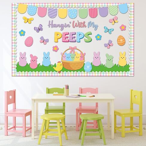 Easter Bulletin Board Set Easter Peeps Classroom Decoration Pastel Spring Eggs Bunny Grass Lawn Hangin' with My Peeps Cutouts for School Home Nursery Chalkboard Wall Door Decor Spring Party Supplies in Kuwait