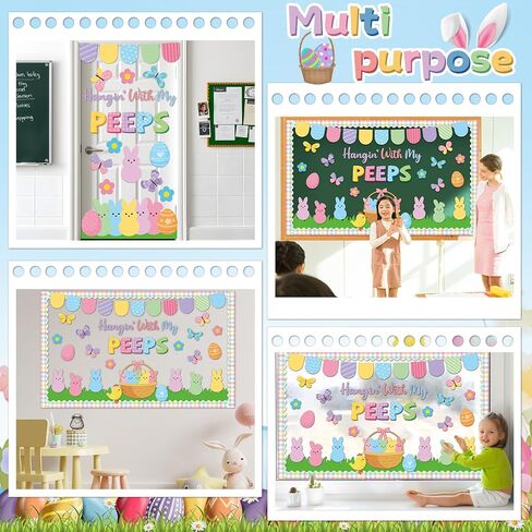 Easter Bulletin Board Set Easter Peeps Classroom Decoration Pastel Spring Eggs Bunny Grass Lawn Hangin' with My Peeps Cutouts for School Home Nursery Chalkboard Wall Door Decor Spring Party Supplies in Kuwait