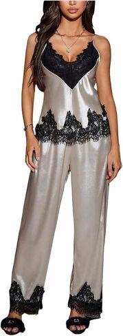 WDIRARA Women's Lace Trim Satin 2 Piece Pajama Sets Camisole Pants Pjs Sleepwear in Saudi Arabia